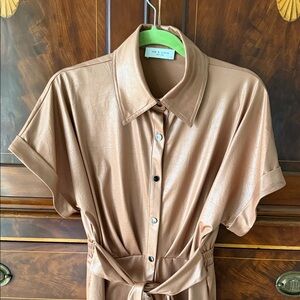 Lola & Sophie New York Camel Faux Leather Shirt Dress with Tie Waist